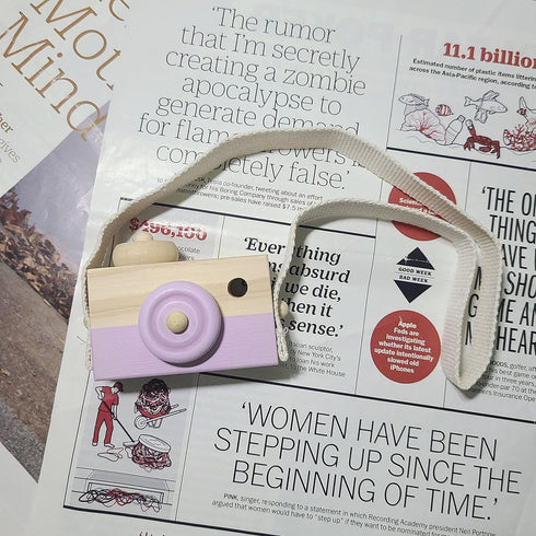 Baby Toy Wooden Mini Camera - Cute Neck Hanging Photographed Props for Kids' Room Decor, Purple