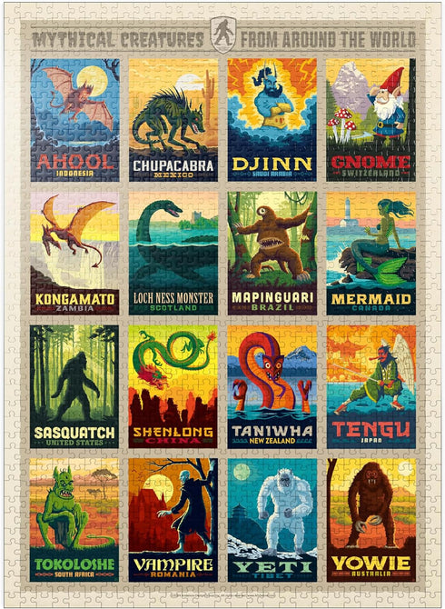 MyPuzzle Mythical Creatures from Around The World - Vintage Poster - Premium 1000 Piece Jigsaw Puzzle for Adults