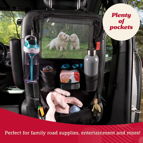 12 Lusso Gear Backseat Car Organizer- Kick Mat Protects Against Kids Feet - Large Storage Pockets - iPad,Tablet, Water