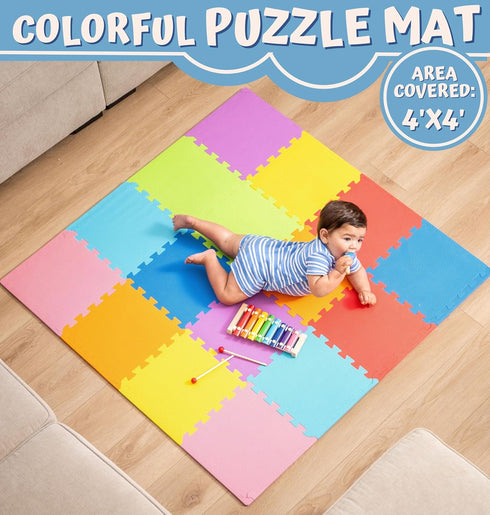 16-Pack 12x12 TOYVELT Foam Puzzle Floor Mat for Kids - Interlocking EVA Play Mats Multicolor - Non-Slip Educational