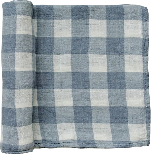 Mebie Baby Dusty Blue Gingham Muslin Swaddle, Modern and Neutral Swaddle Blanket