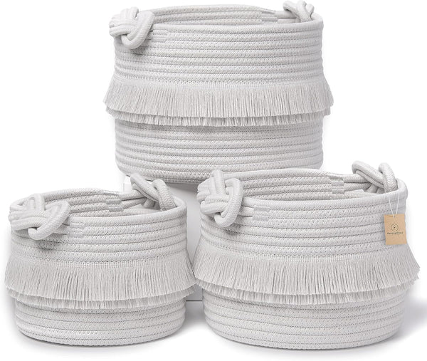 NaturalCozy 3-Piece Boho Cotton Rope Storage Basket Set for Organizing Baby Stuff, Gift Basket, Toy Basket, Nursery