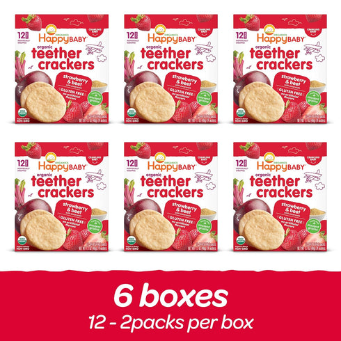 12 Count (Pack 6) Happy Baby Organics Baby Snacks, Gentle Teething Crackers, Gluten Free & Vegan, Strawberry & Beet