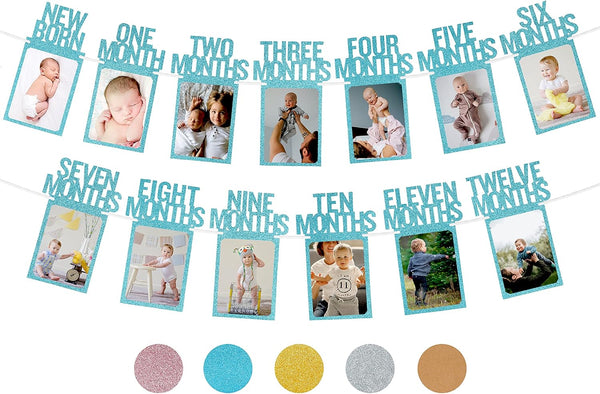 PartyHooman 1st Birthday Photo Banner for Baby, Monthly Milestones Garland for Boys, Pre-strung with Frame (Blue)