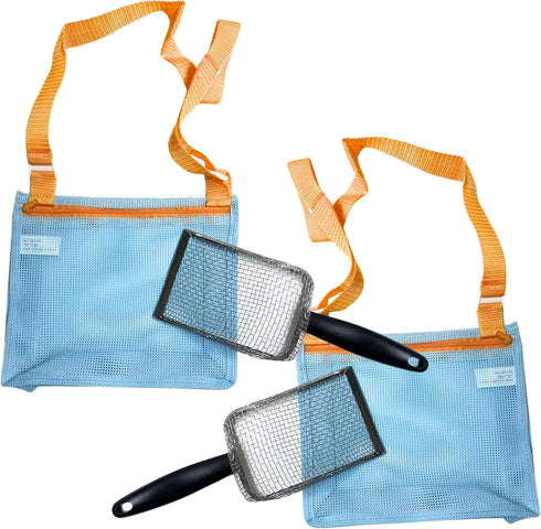 4E's Novelty 2X Shark Tooth Sifter for Beach with 2X Small Mesh Beach Bag for Shell Collecting, Metal Sand Scoop for