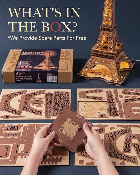 Tower,3D 3D Set Rowood Eiffel Puzzle Model Kits for Adults,DIY Wooden Puzzles for Adults,Builing with LED,Home