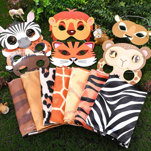 12 Set Safari Animal Mask and Capes | Kids Jungle Safari Theme Party Favors | Cosplay Wild Birthday Decorations