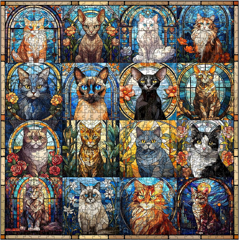Stained Glass Puzzle Cat Puzzles for Adults 1000 Pieces, Colorful Kitty Kitten Collage Puzzles 1000 Pieces, Hard Difficult Impossible Challenging Jigsaw Puzzles for Adults