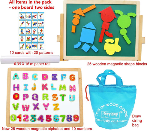Toys of Wood Oxford TOWO Wooden Easel for Children Foldable Double Boards Magnetic Shapes Letters Numbers and Paper
