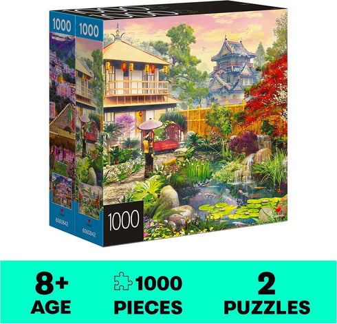 2-Pack of 1000-Piece Jigsaw Puzzles, Amalfi Coast & Japan Garden, Exclusive for Adults and Kids Ages 8+.