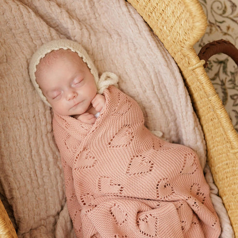 100% Heirloom Knit Heart Swaddling Blanket for Girls - Luxury Cotton Baby Blanket - Soft Warm Swaddle Receiving Crib