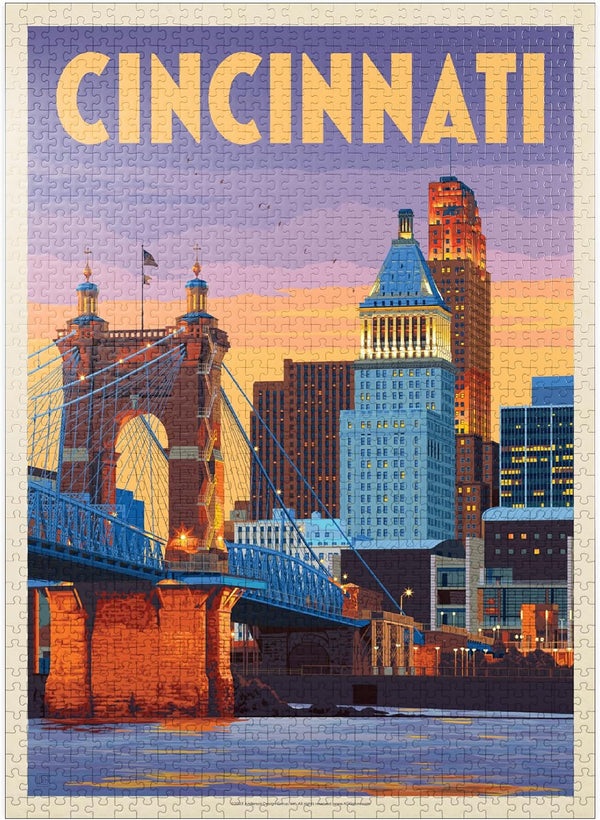 MyPuzzle Cincinnati, OH - Riverfront Vintage Poster, Premium 1000 Piece Jigsaw Puzzle for Adults