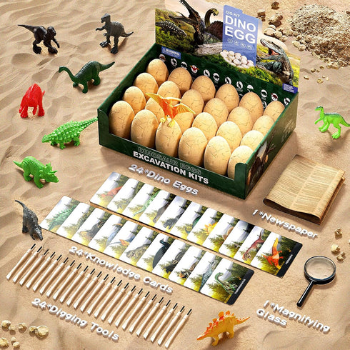 24 3 4 5 6 7 8 9 10 Dinosaur Eggs Dig Kit Toys for Kids, Dinosaur Eggs Excavation Kit with Magnifier, Easter Basket