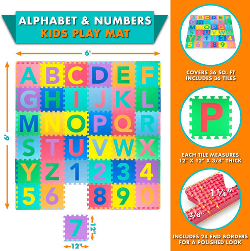 36 12" 12", 123 ProSource Kids Puzzle Alphabet, Numbers, Tiles and Edges Play Mat, by Abc