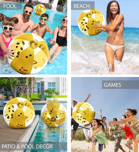 POZA Inflatable Beach Balls Set of 2 - Elegant Glitter Confetti Floaters, 16 Inches, Heavy Duty Vinyl