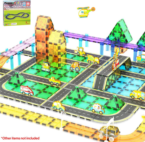 PicassoTiles Magnet Tile Car Track Adventure Theme, Printed Street Road Runway Magnetic Building Tiles Block Set for