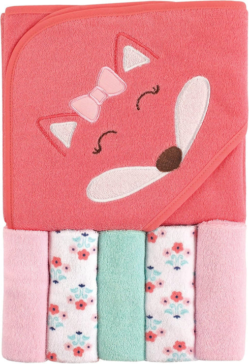 Luvable Friends Unisex Baby Hooded Towel, Girl Fox, with Five Washcloths, Cotton, One Size