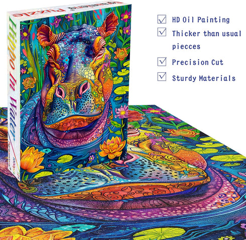 Bgraamiens Puzzle - Hippo in Water - 1000 Pieces Rectangle Jigsaw Puzzle, Wild Animal Theme