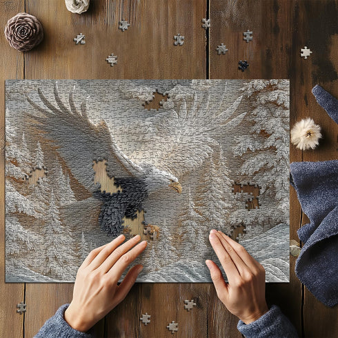 pazzocenter 1000 The Carved Eagle Jigsaw Puzzle Pieces, Majestic Bald Eagle Bird Puzzles for Adults,White Forest Art