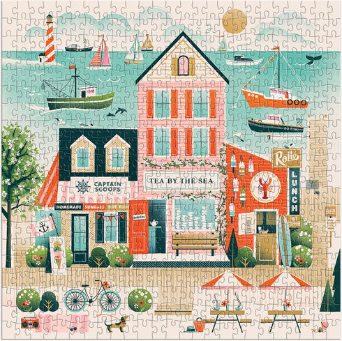 Galison Beside The Sea – 500 Piece Puzzle Fun and Challenging Activity with Bright and Bold Artwork of Charming Village and Sea Scenery for Adults and Families