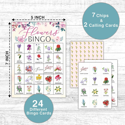 Flowers Bingo Game - Blush Pink Floral Bingo Card - 24 Players Bingo Game Set Indoor Outdoor Activities - Tea Party, Bridal Shower, Birthday Party Favors Supplies -A02