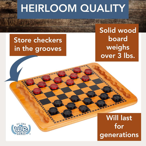 WE Games Solid Wood Red and Black Checkers Board Game Set, 14.5 in. with Inset Grooves for Pieces