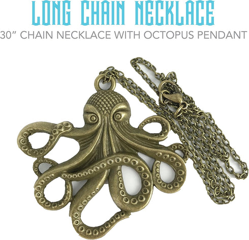 UMBRELLALABORATORY Steampunk Octopus Necklace, Victorian Goth Style Jewelry, Antique Finish Handmade Accessory