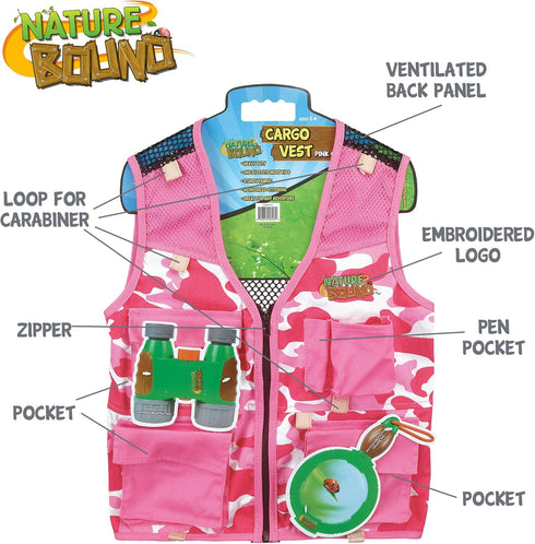 5-8, NB525) Nature Bound Explorer Kids Cargo Vest for Fishing, Troops, Boating, Outdoor Play, or Safari Costume. Pink