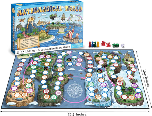 2-4 5+ Mathemagical World - Addition & Subtraction Math Board Game for Kids, players, Ages and Perfect for Homeschool