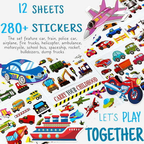 HORIECHALY Transportation Stickers for Kids, Colorful Safe Teaching Aids, 280 PCS Cute Decals with Cars, Airplanes,
