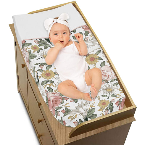 Sweet Jojo Designs Vintage Floral Boho Girl Baby Nursery Changing Pad Cover - Blush Pink, Yellow, Green and White