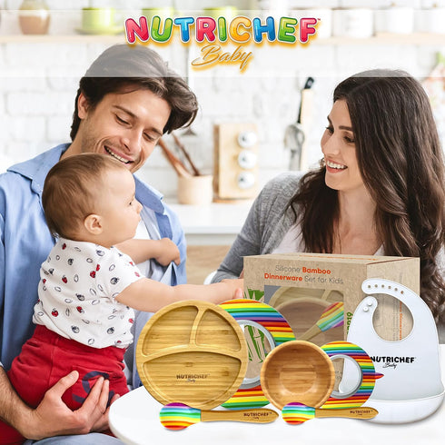 NutriChef Baby and Toddler Feeding Set, 3 Compartment Plate, Bowl, Spoon, Non-toxic Bamboo Plate with Silicone Bib,