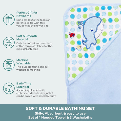 3 Spasilk Baby Bath Hooded Terry Towel with Washcloths, Baby Bath Essentials, One Size, Blue Whale