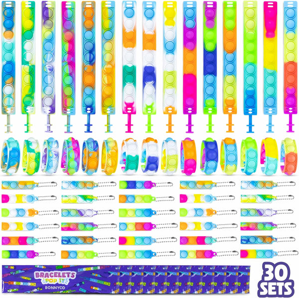 BONNYCO Pop It Bracelets and Keychains Pack 30 Kids Party Favors. Goodie