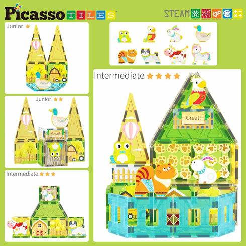 PicassoTiles 8 Character Farm Animal Toy Set with Magnetic Tiles, STEM Learning Kit for Kids Age 3+ PTQ17