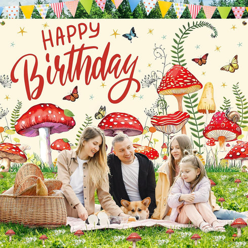 Mushroom Birthday Party Decorations, Mushroom Birthday Banner Backdrop Wildflower Party Banner Photo Photography