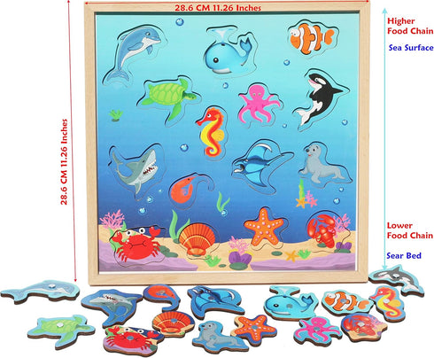 TOWO Wooden Fishing Game-Magnetic Fishing Puzzles with Numbers Jigsaw Puzzle- Sea Creatures Kids Fishing Game Educational Toys for 3 years old Math Toy Montessori Materials