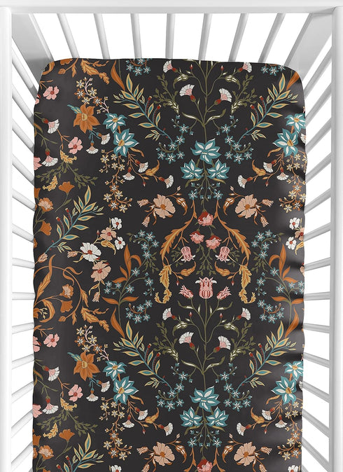 Sweet Jojo Designs Fitted Baby Crib Sheets (Black Wildflower Vintage Floral) for