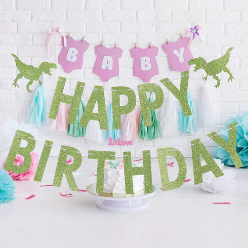 Green Glitter Dinosaur Happy Birthday Banner for Kids' Dino Theme Party Decorations