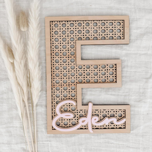 Custom Boho Wood Personalized Initial & Name Sign - Handmade Rattan Wall
