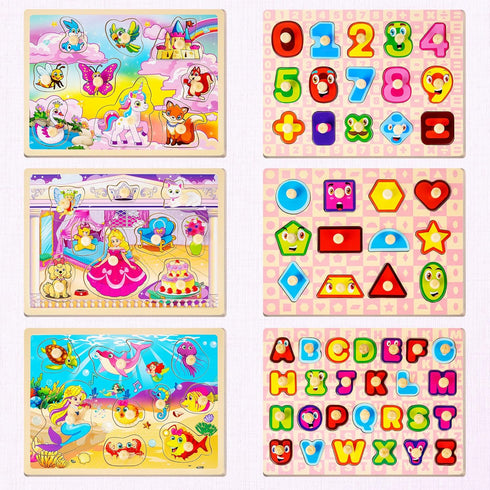 1-3, 6XSET 1-3 2-4 SYNARRY Wooden Puzzles for Toddlers Toddlers Puzzles Ages with Rack, Learning Alphabet Number Shape