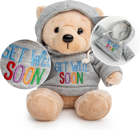 Ganz 9" Get Well Soon Teddy Bear with Gray Hoodie - Feel Better Gift for Kids & Women (Tan Nose Stuffed Animal)