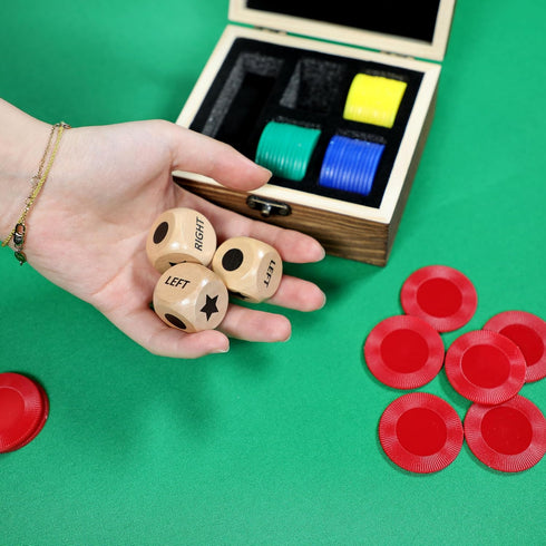 Set, 3 1-inch 48 Fun Left Right Roll Dice Game Include Wooden Dices Pcs Chips in Wooden Box, Easy to Store and Carry