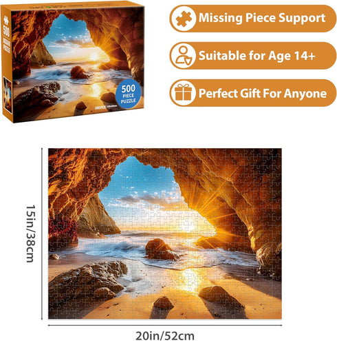 Jeacirio 500 Sunset 500 20.5 15 Pieces Puzzles for Adults Jigsaw Puzzle Beach Sea Cave Puzzle for Elderly, Recycled