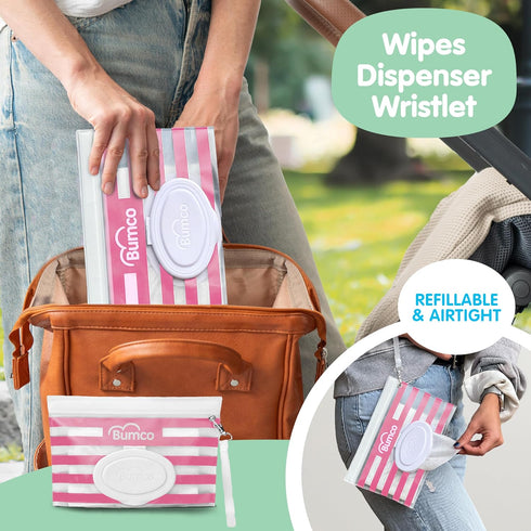 BUMCO Airtight Wipes Dispenser, Reusable Refillable Pouch, Diaper Bag Organizer for Travel, Unique Baby Gift for Girl