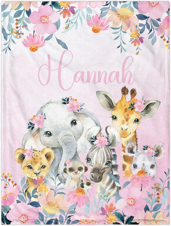 J&SBGFT Personalized Baby Girl Blanket, Customized Safari Swaddle, Name Receiving Blanket, Custom Infant