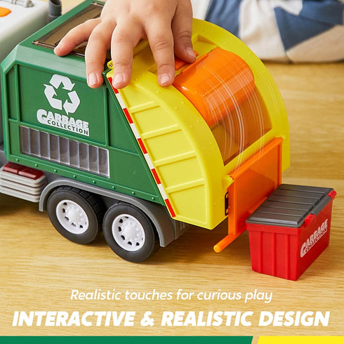 Set Vroomix LED Garbage Truck Toy Includes Dumpster, Toy Truck with Mode Switch & Volume Control, Trash Vehicle