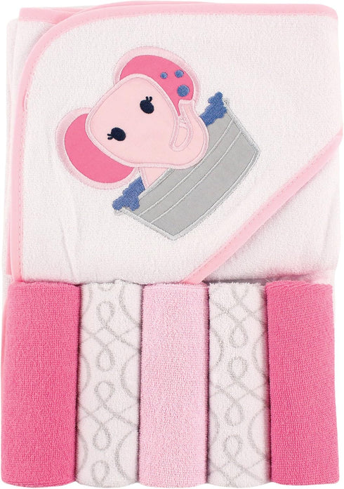 Luvable Friends Unisex Baby Hooded Towel, One Size, Pink Elephant with Five Washcloths