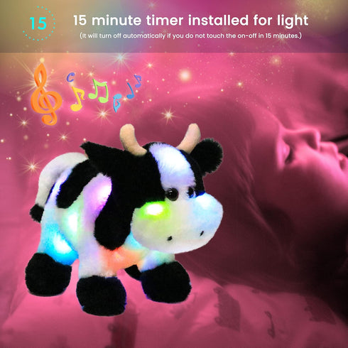 12'' Hopearl LED Musical Stuffed Cow Lighting Up Singing Plush Toy Adjustable Volume Lullaby Animated Soothe Birthday