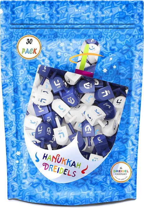 The Dreidel Company 25 Solid Blue & White Wooden Hand Painted Hanukkah Dreidels - Includes 3 Game Instruction Cards
